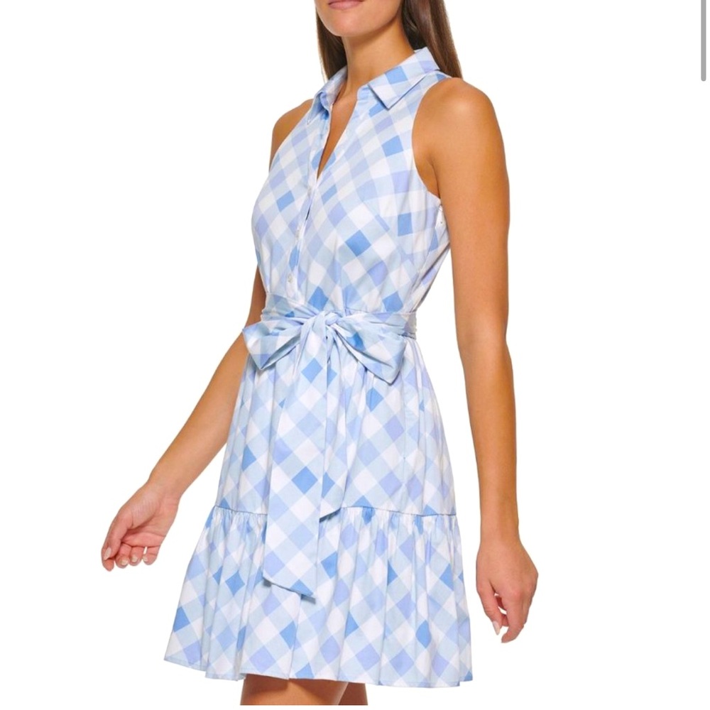 Tommy Hilfiger Womens Blue Gingham Print Sleeveless Belted Mini Dress Size 8